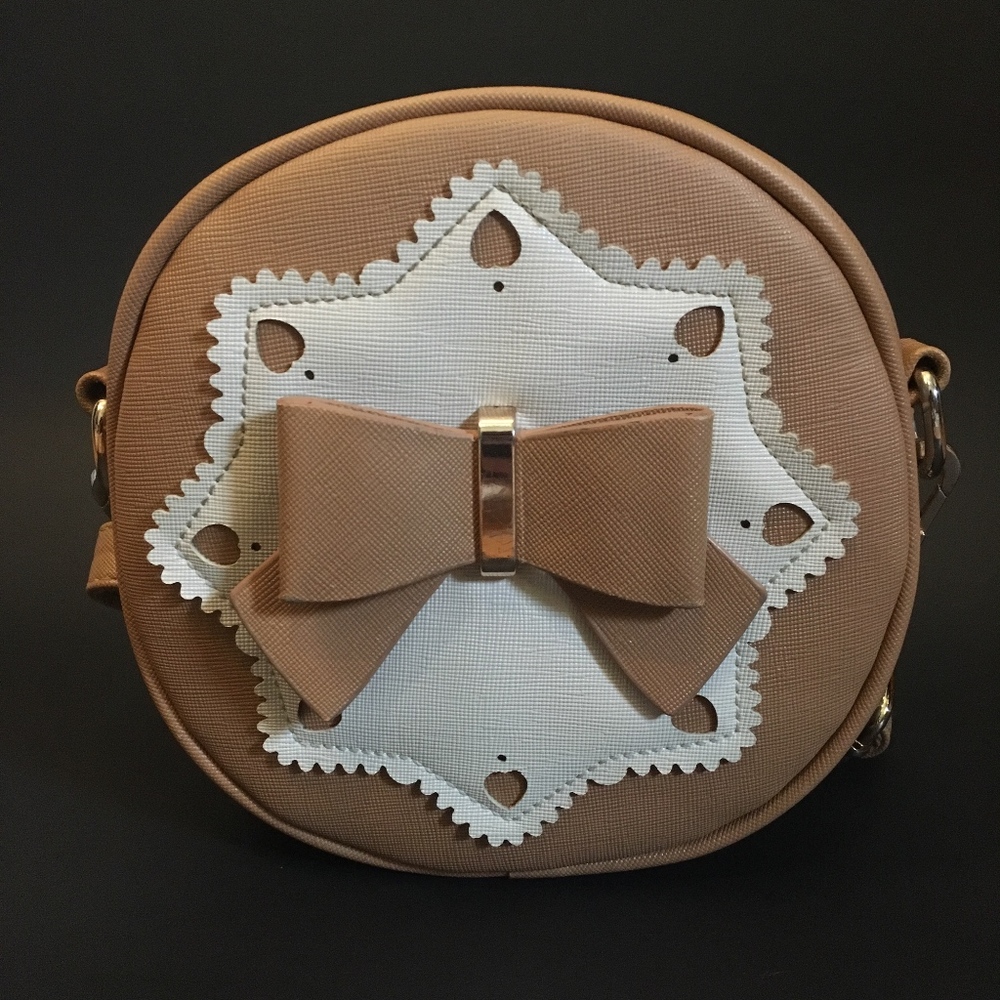 Small Round Beige Bow Crossbody Bag Gold Accents
